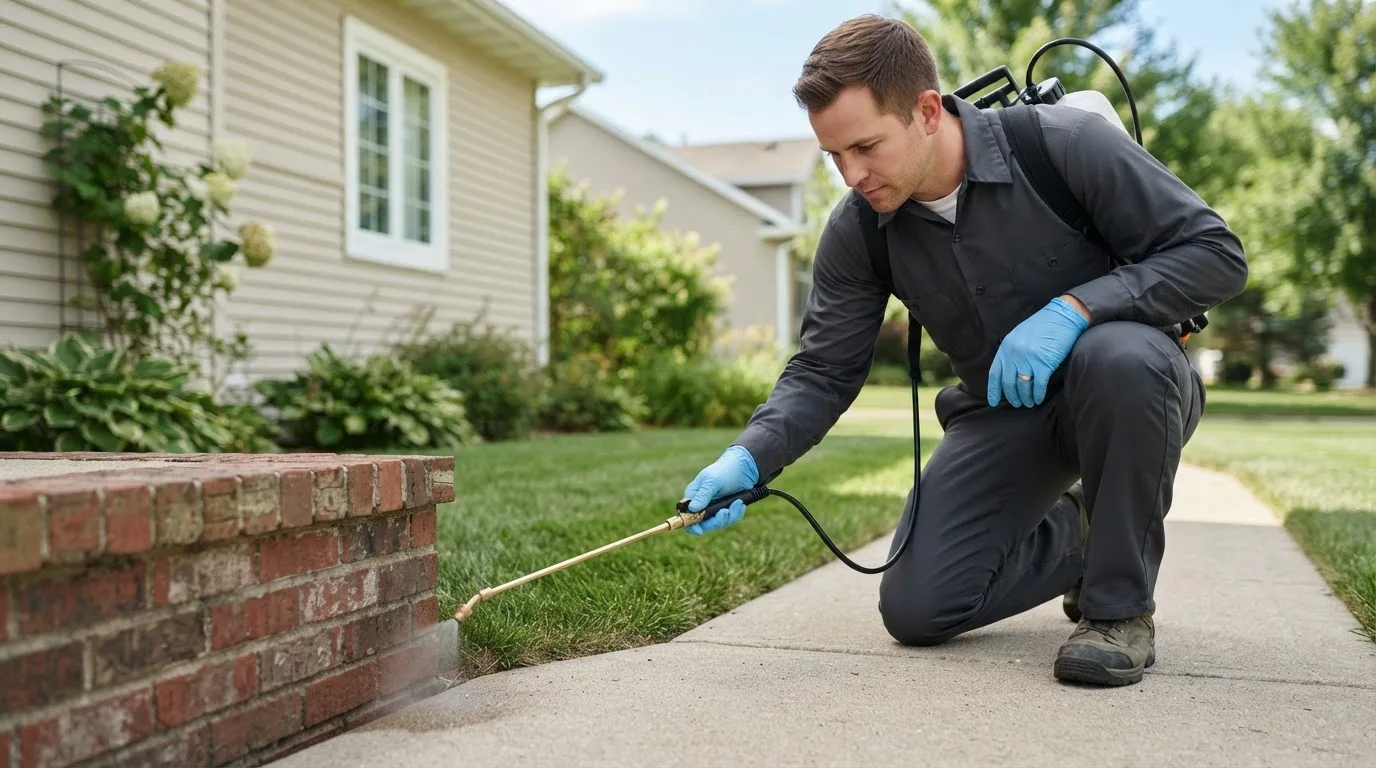 Pest control technician treating a home near Foreston, MN