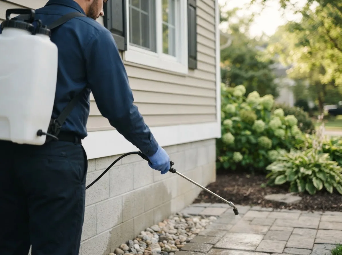 Pest control technician inspecting a home in Foreston, MN
